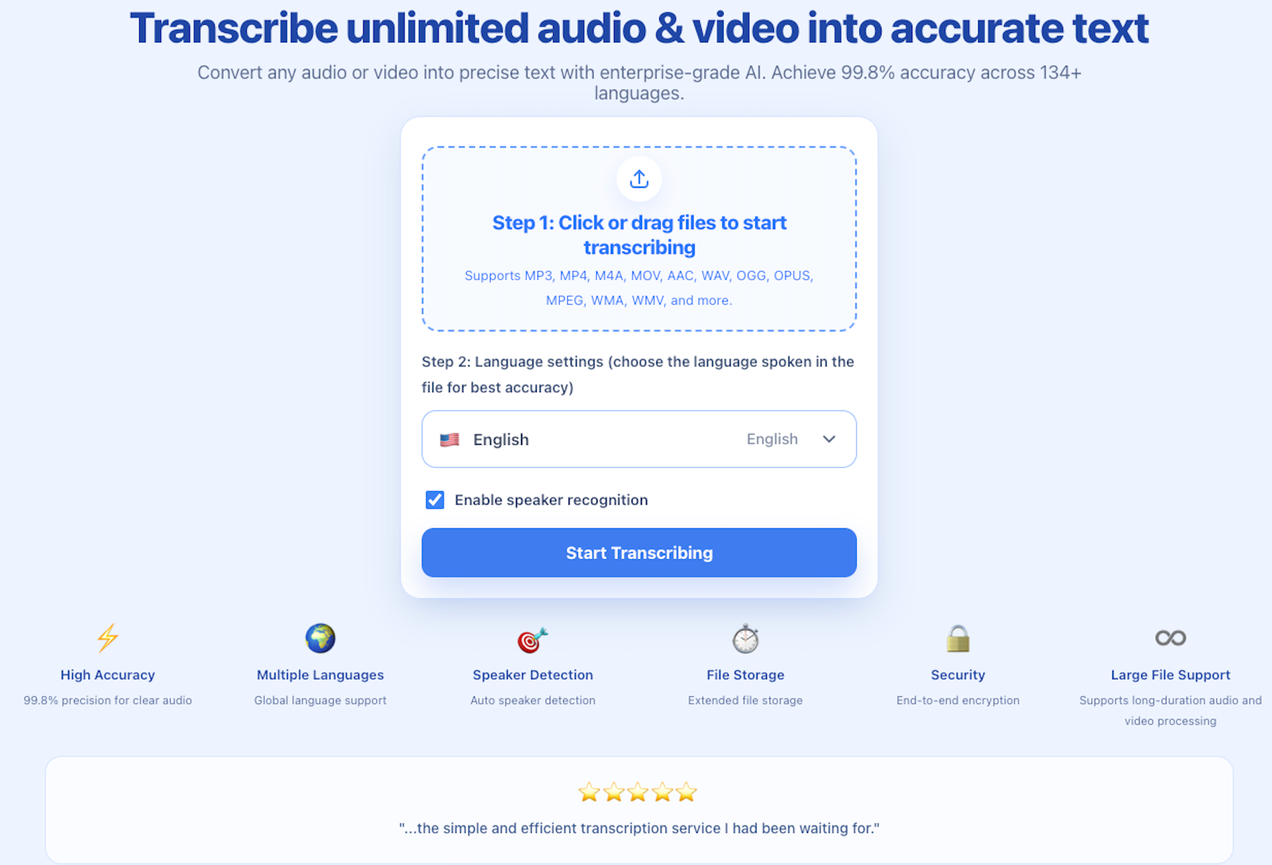 Área de carga de ScribeFlash para transcripción de audio y video