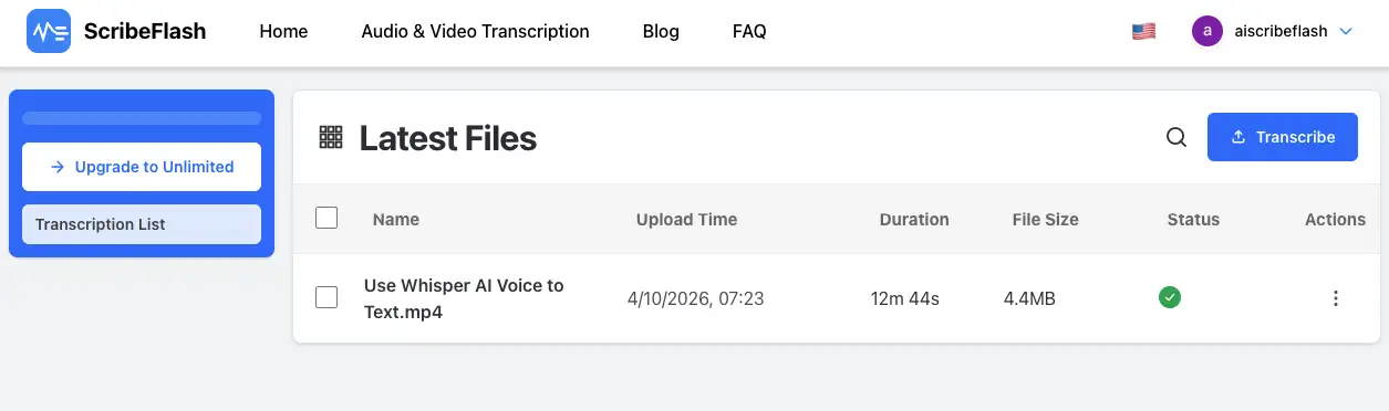 ScribeFlash transcription jobs list