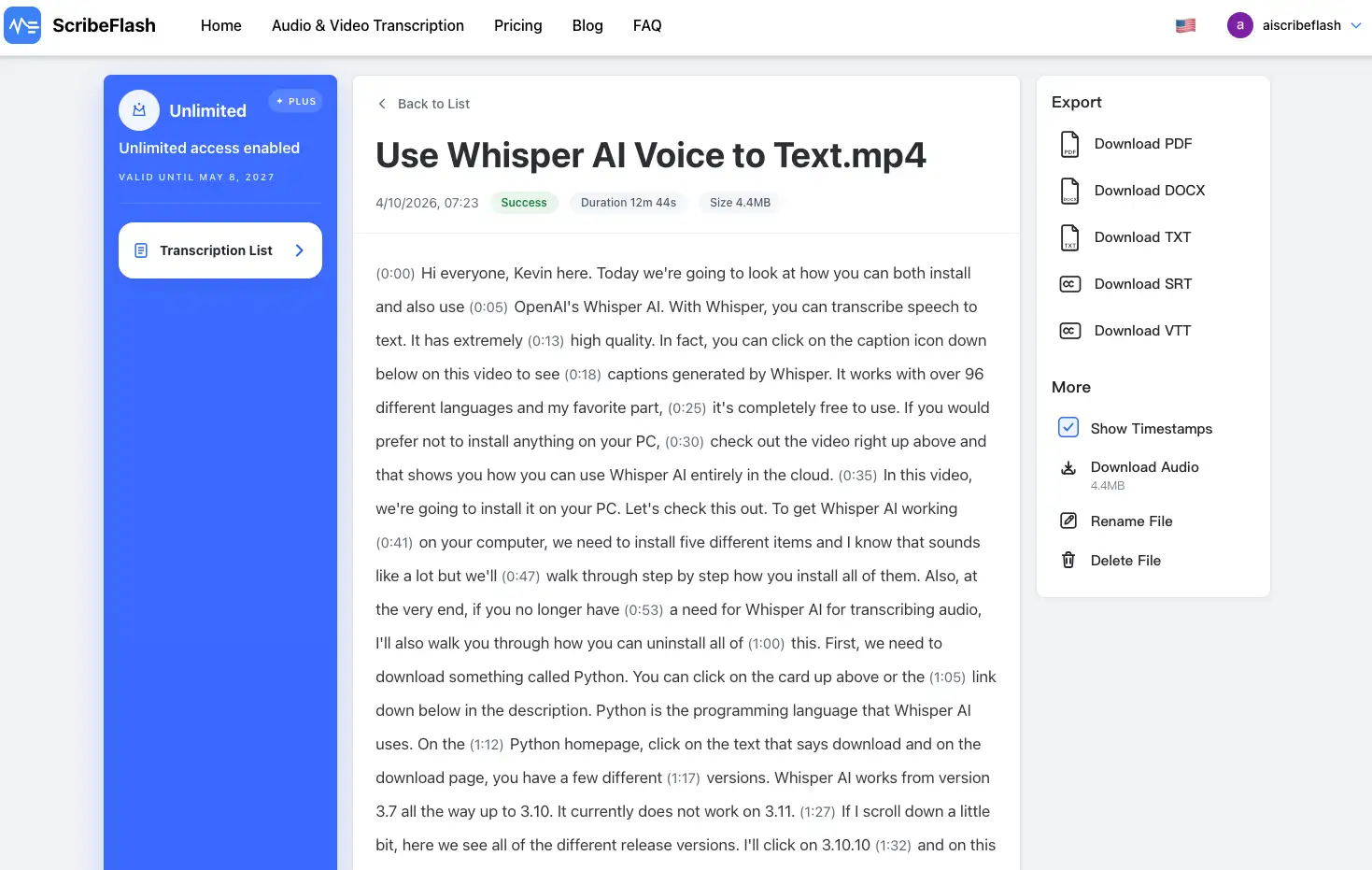 Subtitle editing and transcript detail view in ScribeFlash